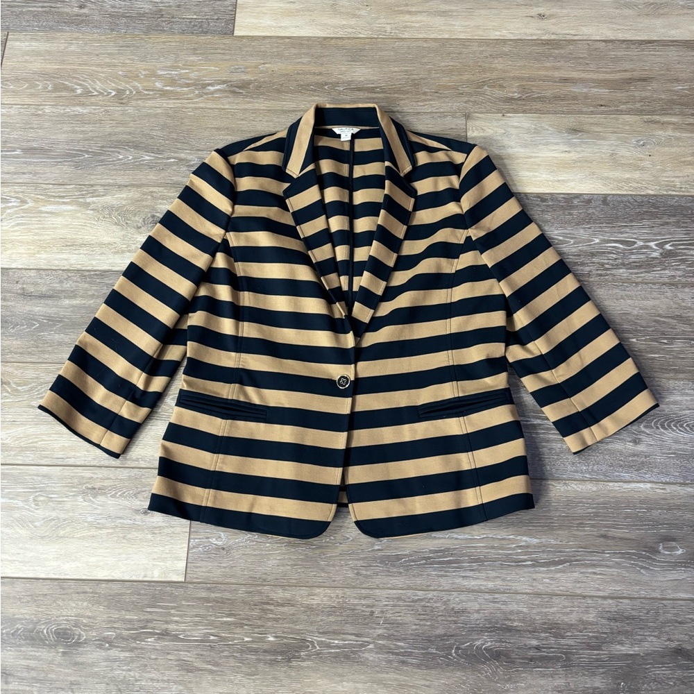 Nautica Blazer Sz 16 Navy Tan Striped Stretchy Coastal Office Nautical Career